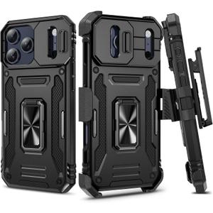 for iPhone-17-Pro-Max Case, with Belt Clip Holster & Slide Camera Cover & 360Rotatable Ring Kickstand Military Grade Heavy Duty Protection Shockproof Case for iPhone 17 ProMax 2025 - Black