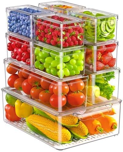 KEMETHY 12 Pack Refrigerator Organizers and Storage, Stackable Fridge Organizer Bins, BPA-Free Clear Plastic Fruit Storage Containers for Fridge, Kitchen, Fruits, Drinks, Produce, Vegetable