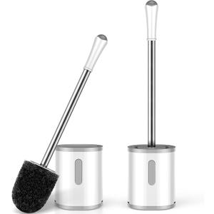 Toilet Brush and Holder Set, 2 Pack with Stainless Steel Handle Toilet Bowl Brush, Compact Toilet Scrubber Brush for Deep Cleaning Bathroom Restroom, Easy to Assemble White & Gray