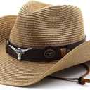 Women's Western Straw Cowboy Hats Men's Straw Cowgirl Hat Wide with Shapeable Wide Brim Foldable Vacation Beach Sun Hat (Khaki)