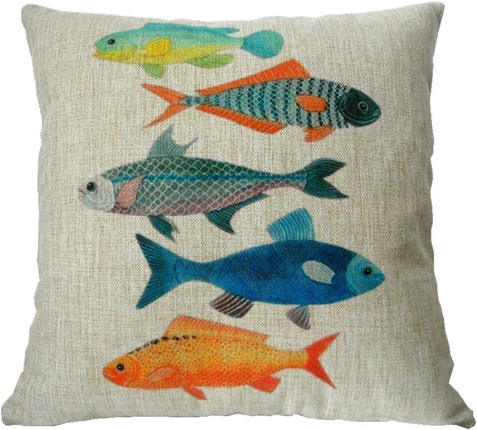 Cotton Linen Square Decorative Fashion Throw Pillow Case Cushion Cover Colorful Fish (20 X 20, Beige)
