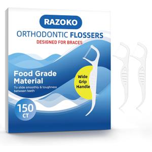 RAZOKO Orthodontic Flossers for Braces, Ortho Dental Floss Picks, Braces Flossers for Kids Teeth & Adults, Unflavored, 150 Count (Pack of 2)