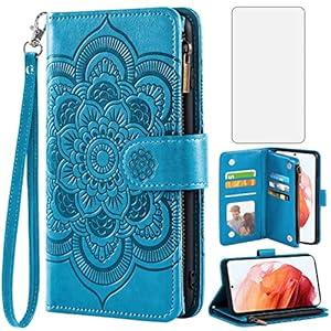 Asuwish Phone Case for Samsung Galaxy S23 5G Wallet Cover with Tempered Glass Screen Protector and Flower Leather Flip Credit Card Holder Stand Cell S 23 23S GS23 G5 SM-S911U 6.1 inch Women Men Blue