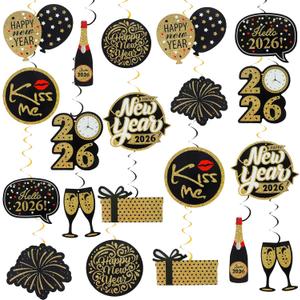 2026 New Years Decorations, 40 Pcs Happy New Year Hanging Swirls Black and Gold New Year Hanging Decorations New Years Eve Party Supplies Happy New Year Decorations for Home Office School 2026 Party