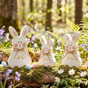 3 Pcs Easter Bunny Wooden Table Decor, Jute Twine Bow Easter Rabbit Tiered Tray Sign Decorations for Home Office Dining Room Tabletop or Party Supplies