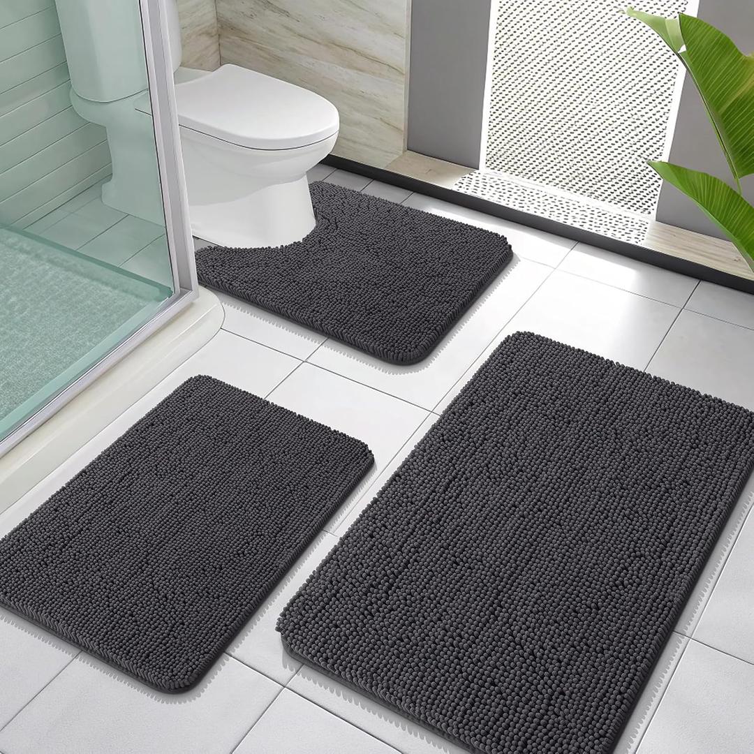 OLANLY Bathroom Rugs Sets 3 Piece, Soft Absorbent Chenille Bath Mats and U-Shaped Contour Toilet Rug, Quick Dry, Home Decor Accessories, Bath Mat Set for Bathroom (30"x20"+24"x16"+24"x20", Dark Grey)