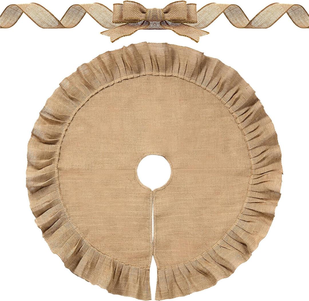 Chalyna Christmas Tree Skirt Decorations Linen Burlap Tree Skirt Xmas Tree Skirt for Winter Farmhouse Brown Burlap Christmas Decor Indoor and 3 Inches Wide Fabric Craft Ribbon 10 Yards(47 Inches)