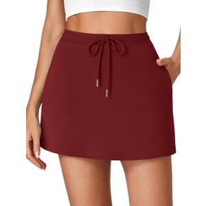 Vrtige Women's Casual Elastic High Waist Drawstring Workout Mini Skirt with Pockets (Red, L)