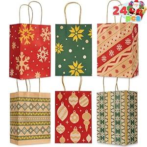JOYIN 24 PCS Christmas Kraft Bags Holiday Paper Goody Gift Bags with Handles for Xmas Gifts Wrapping Party, Giant Gifts Decorations, Classrooms and Party Favors (Red+Green, 8.27" x 5.91" x 3.15")