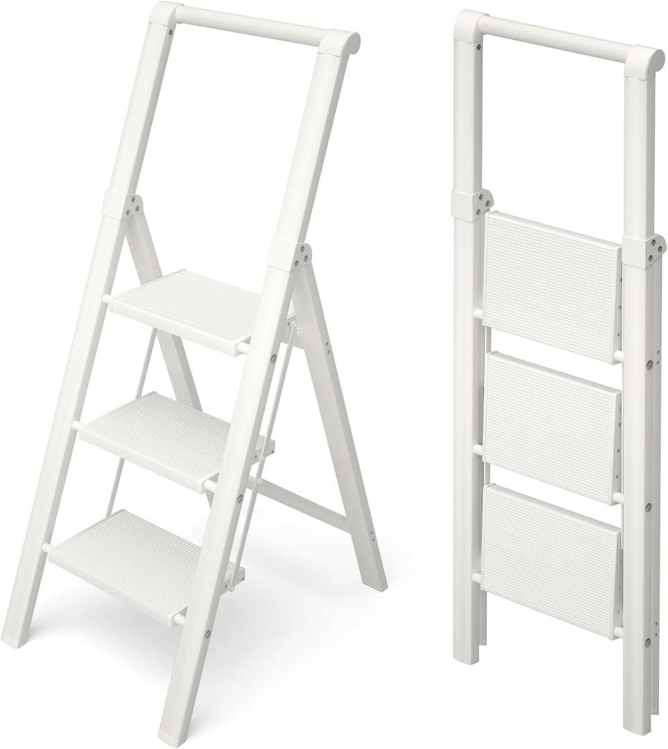 HillhutApex Aluminum 3 Step Ladder, Step Stool Foldable Ladder(White)