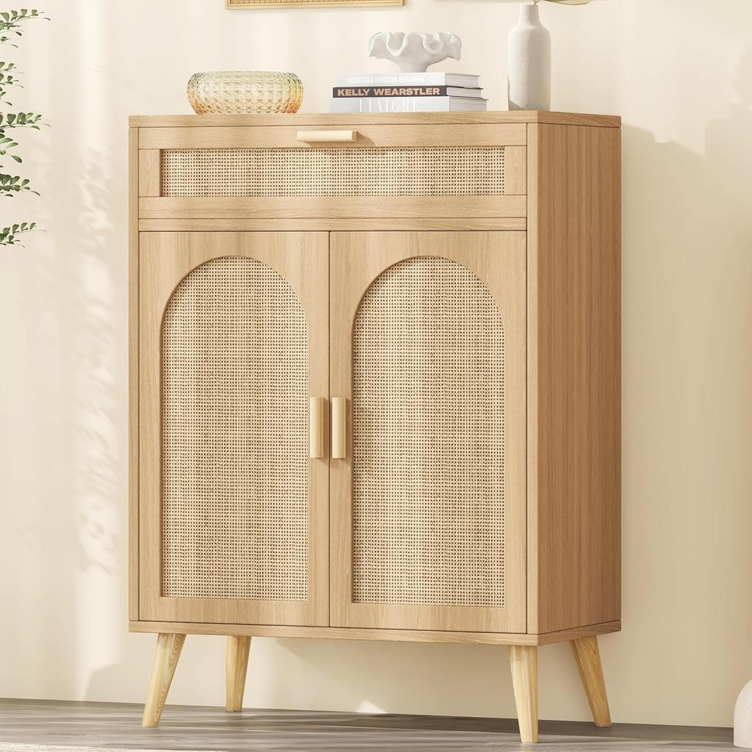 Rattan Buffet Cabinet with Storage, Sideboard with Drawer & Adjustable Shelf, Accent Kitchen Floor Storage Cabinet with 2 Doors & Solid Wood Feet, Coffee Bar for Living Room, Entryway, Natural Oak, 27.6"Wx 11.8"Dx 39.8"H