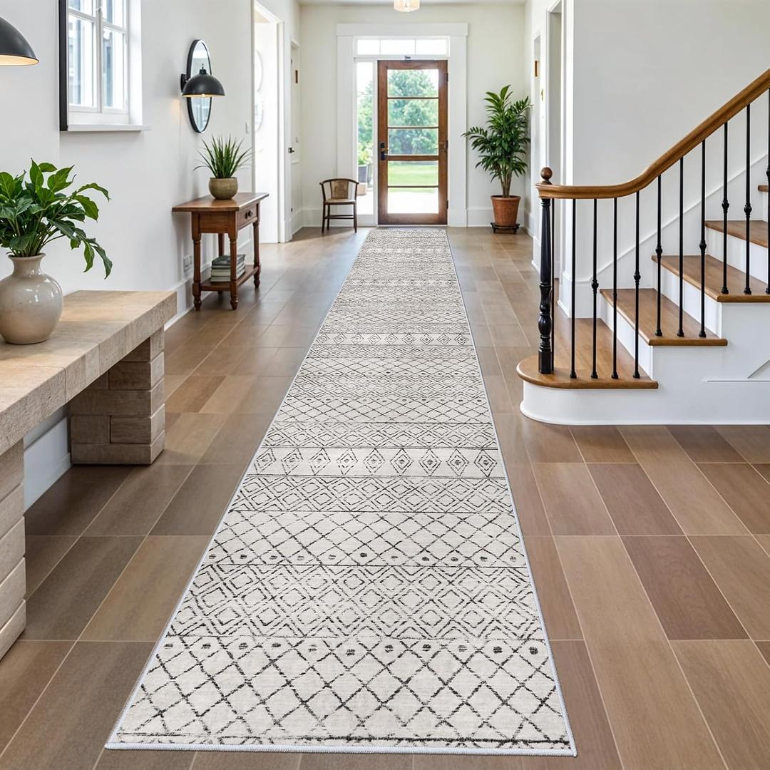 Washable Runner Rug 3x20 - Extra Long Runner Rugs for Hallways Low Pile Rug with Rubber Backing Floor Mat Non Slip Moroccan Indoor Carpet for Kitchen Bedroom Entryway 3x20 Geo Grey