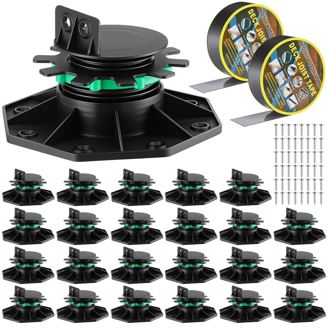 Timtin 24 Pack Upgrade Adjustable Deck Support Pedestals, 1-9/16" to 2-3/8" Height Range, Outdoor Deck Foundation Bases with Joist Tape and Screws for Patio Garden Floor Leveling