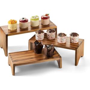 Acacia Wood Risers Display Stands Set of 3 - Wooden 3 Tier Cupcake Stand - 3 Tiered Riser for Vendors - Decorative Display Risers for Food Desserts Stand, Perfume, Funko POP at Party Wedding (Large)