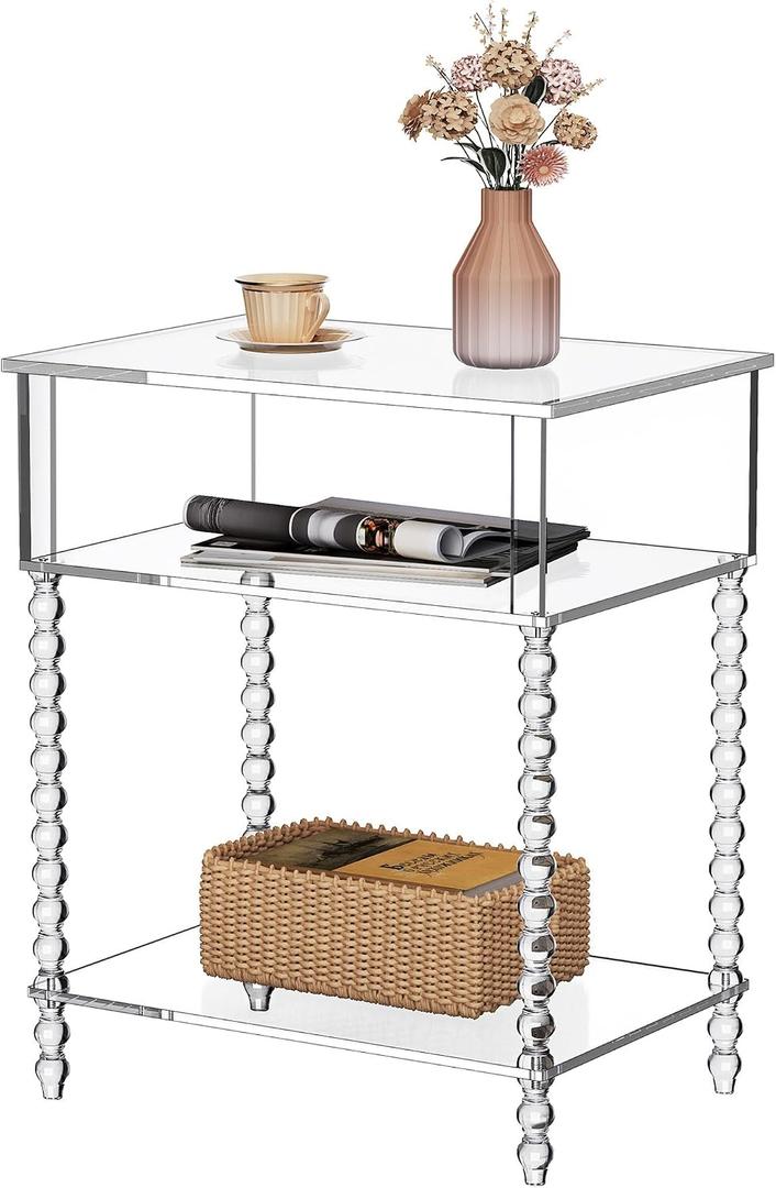 Acrylic Side Table, Clear 3-Tier End Table with Storage, Nightstand for Living Room, Bedroom, Office (Clear, Large)