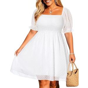 Women's Puff Sleeve Square Neck Mini Summer Sundress Chiffon Swiss Dot Flowy Smocked Dress, L
