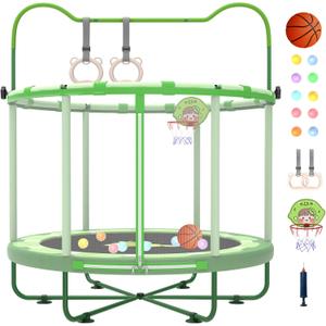 Gardenature 5ft/60'' Toddler Trampoline for Ages 1-6, Indoor & Outdoor Mini Trampoline With Adjustable Gym Bar, Enclosure for Baby, Gift for Boys & Girls (Green)