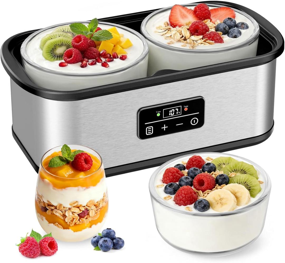 Adjustable Temp & Time Yogurt Maker with Auto Shut-Off, Constant Fermentation, with Two 1-Quart Glass Bowls for Homemade Probiotic Yogurt