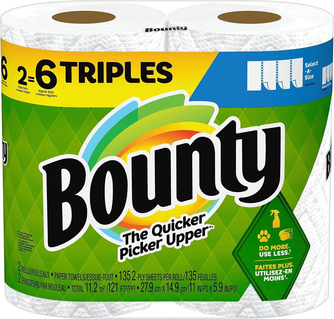 Bounty Select-A-Size Paper Towels, White, 2 Triple Rolls = 6 Regular Rolls (Pack of 1) (135 sheet (Pack of 2))