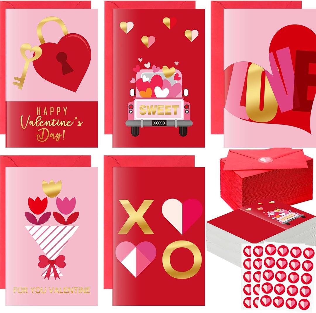 100 Pcs Valentine's Day Greeting Cards Gold Foil with Red Envelopes and Stickers 5 Designs Assortment 5.9 x 3.9 Inches Blank Inside for Valentine's Day Wedding Anniversary
