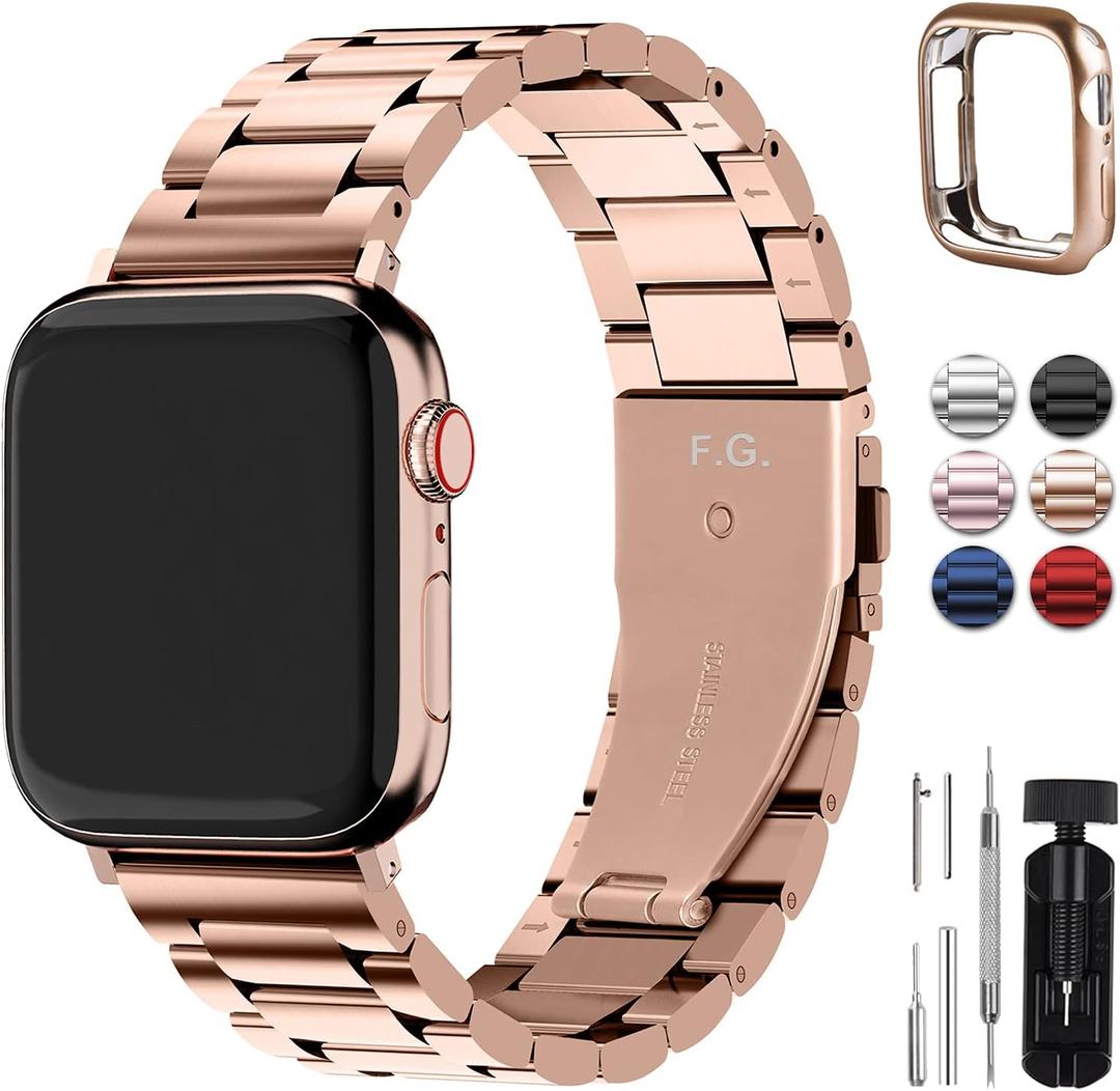 Fullmosa Metal Band Compatible with Apple Watch Bands 41mm 40mm 38mm, iWatch Band with Case for Apple Watch Series 9 8 7 6 5 4 3 2 1 SE3/2/1, Rose Gold