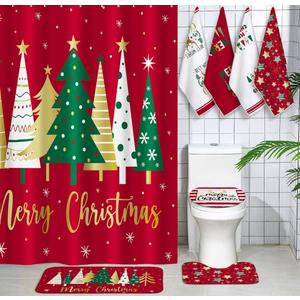 Honoson 7 Pcs Christmas Shower Curtain Set with Rugs and Kitchen Towels Farmhouse Christmas Tree Shower Curtain Bathroom Set for Farmhouse Country Summer Halloween Housewarming Gifts Decor