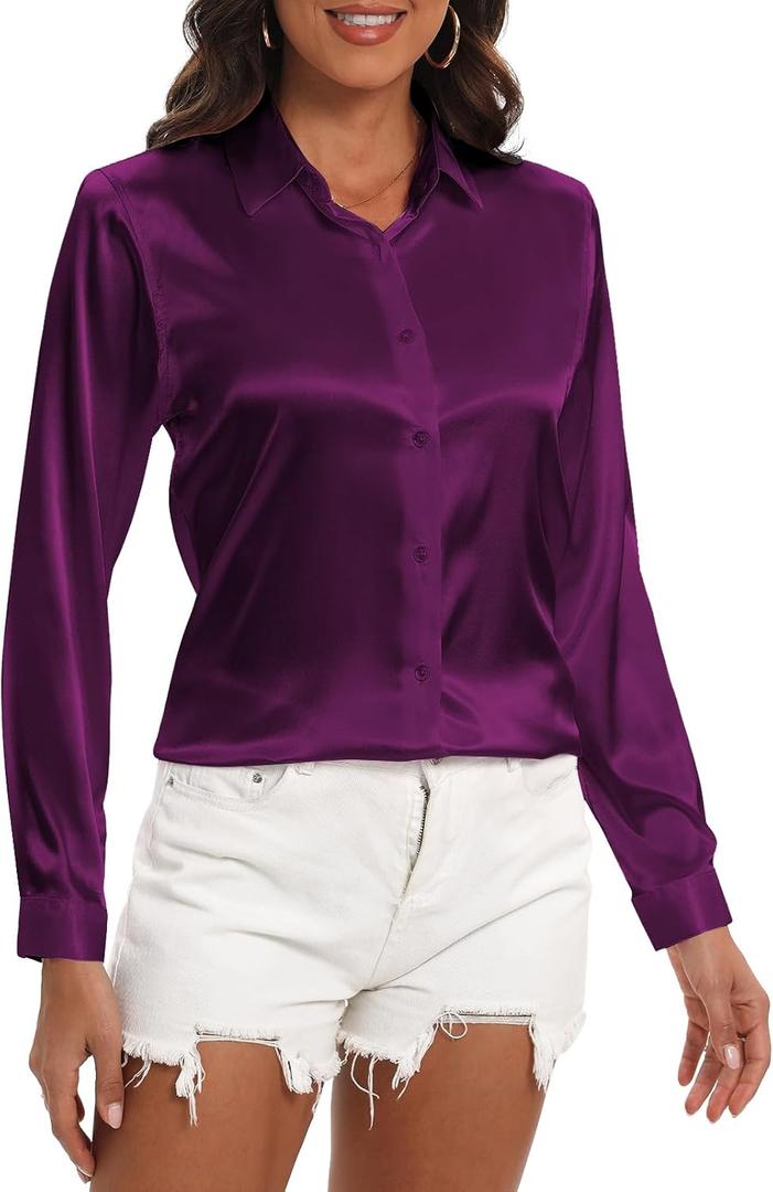 COUXILY Womens Satin Button Down Shirt Business Casual Long Sleeve Silk Blouse Collared Curved Hem Slim Fit Office Work Tops (Purple), XL