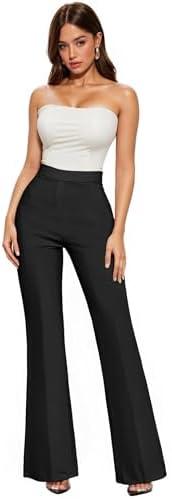 Hybrid & Company Womens Ultra Stretch Ponte Flare Pants-High Rise,Faux Pockets,Pull On,Wrinkle Resistant-Casual & Office Wear XS