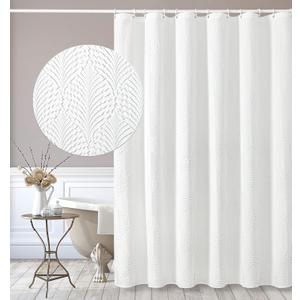 Gibelle White Shower Curtain for Bathroom, 3D Embossed Textured Fabric Curtain, Modern Farmhouse Chic Soft Cloth Set with Hooks, 72x72