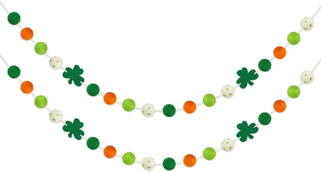 2 Pcs St Patrick's Day Felt Ball Garlands with Shamrock - St. Patrick's Day Decorations - Green Dark Green White Orange Pom Pom Garlands for Home Tree- Irish Party Home Fireplace Mantle Hanging Decor