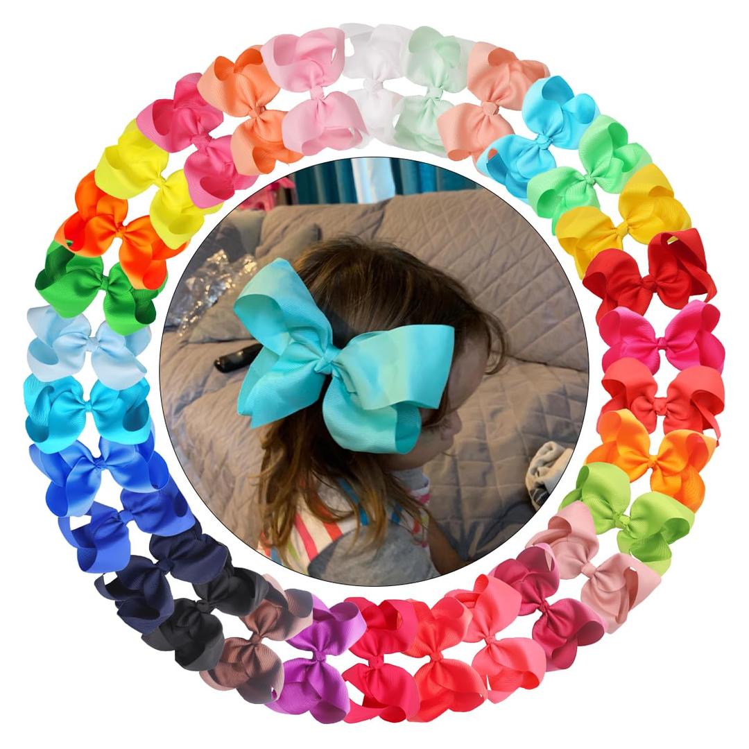 CLLOT 30Pcs Big 6 Inch Hair Bows for Girls Grosgrain Ribbon Bow Toddler Back to School Hair Accessories with Alligator Clips for Toddlers Schoolgirls Kids Teens