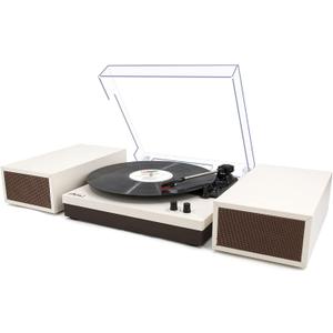 LP&No.1 Wireless Turntable with Stereo Bookshelf Speakers, Retro Record Player with Wireless Playback, 3 Speed Belt-Drive Vintage Turntable with Auto Off, Milk White Wood 