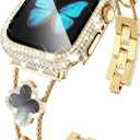 KADES Compatible for Apple Watch Series 10 46mm/42mm Series 9 8 7 45mm/41mm Series 6 5 4 SE 44mm/40mm Series 3 2 1 42mm/38mm, Sparkling Bling Diamond Band with Full Diamonds Case (Gold with Black Pearl Shell)