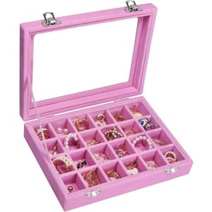 Velvet Jewelry Box 24 Grid Jewelry Ring Display Organiser Box Tray Holder Earrings Storage Case for Girls Wife Mom Women (Pink)