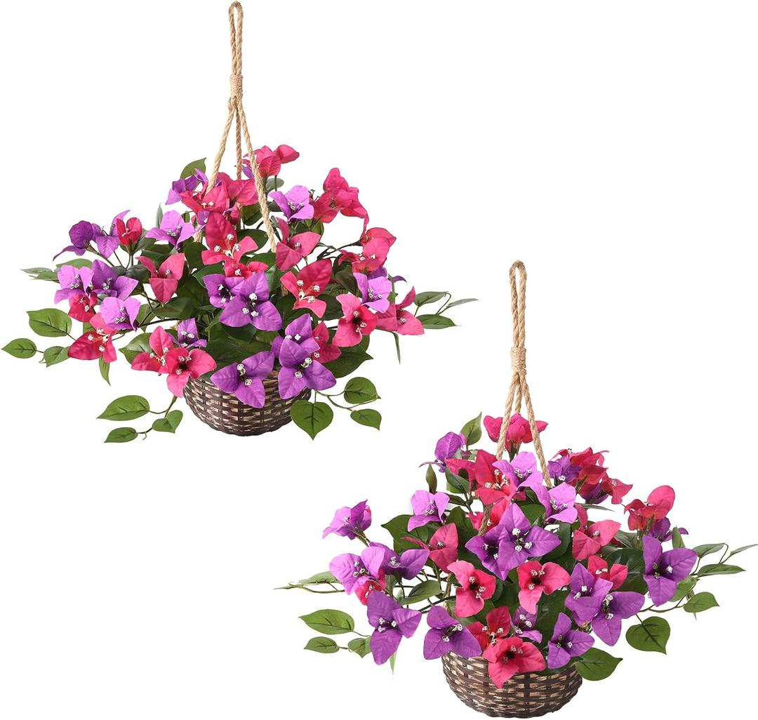 INQCMY Artificial Flower of Outdoor Bougainvillea 2 Pcs Uv Resistant No Installation Required Fake Hanging Basket Plants Suitable for Front Door Porch Courtyard Garden (Light Lotus Rose Red)