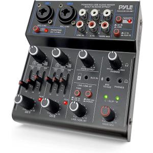 Pyle Professional Wireless DJ Audio Mixer - 4 Channel Bluetooth Controller Sound Mixer, USB Audio Interface, 2 Combo Jack XLR+6.35mm Mic/Line/Guitar in, 3.5mm, RCA AUX, Headphone Jack - PAD43MXUBT