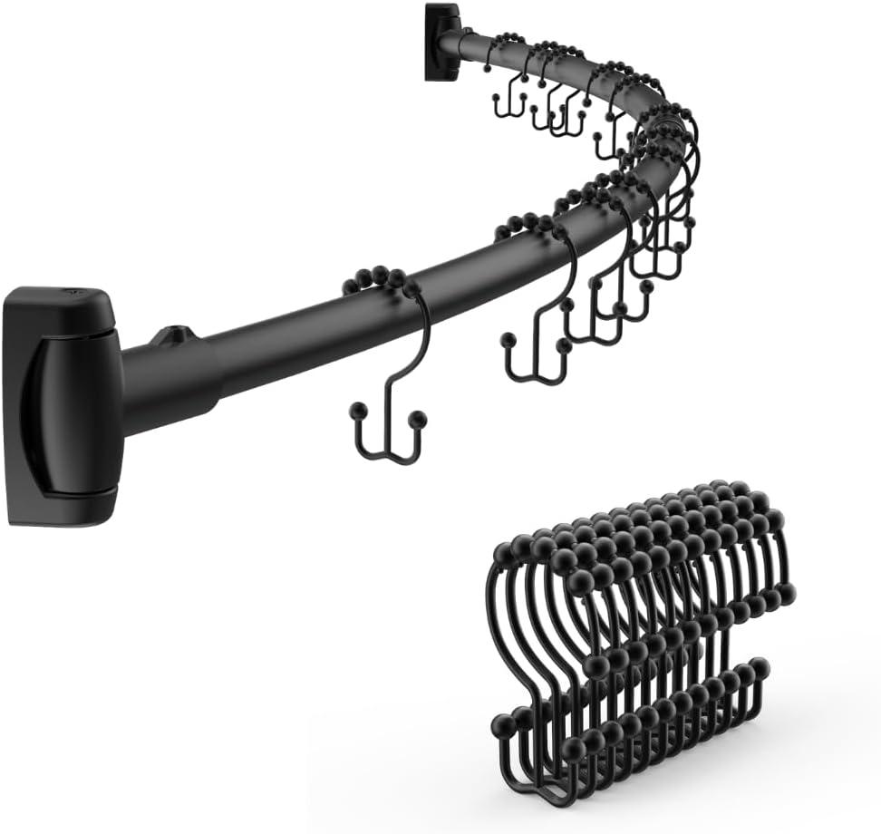 42-72 Inches Adjustable Arched Curved Shower Curtain Rod with 12 Pcs Shower Curtain Rings for Bathroom, Fitting Room, or Kitchen, Wall Drill Needed, Easy Installation, Matte Black