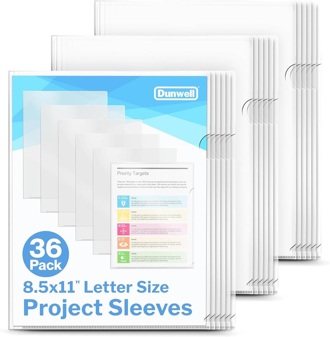 Dunwell Clear Folders for Documents, Plastic 8.5x11 File Sleeves for Document Protection, Filing, Storage, Organization (36 Pack) Transparent Folders with Pockets, Durable Letter Size Document Holder