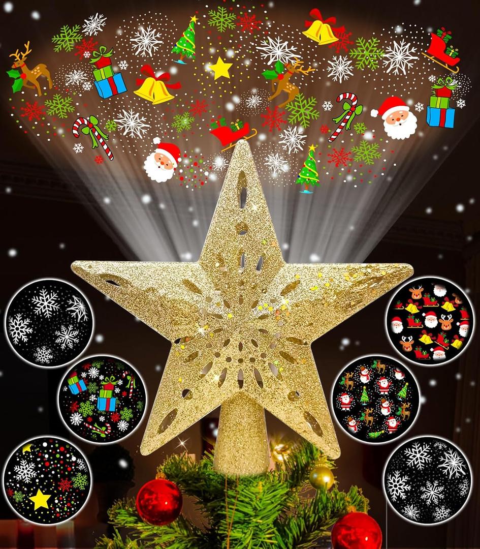 Christmas Tree Topper Star Lighted with 6 Projection Modes,Christmas Star Tree Topper Projector Built-in LED Rotating Lights,3D Glitter Dynamic Projector Party Christmas Decorations (Gold)
