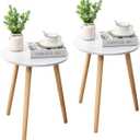 Apicizon Round Side Table Set of 2, White Nightstand Coffee End Table for Living Room, Bedroom, Small Spaces, Modern Home Decor Bedside Table with Natural Wood Legs, 16.5 Inches, 16.5D x 16.5W x 20.5H in