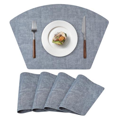 Round Table Placemats Set of 4, Faux Leather Wedge Shape Place Mats Heat Resistant Wipeable Washable Table Mats for Dining Outdoor Indoor, Blue