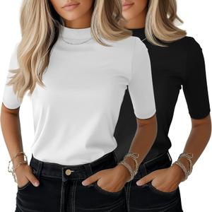 Ficerd 2 Pack Women's Mock Turtleneck T Shirts, Half Sleeve Business Casual Tunic Tops Slim Fit Summer Basic Dressy Tee Shirt