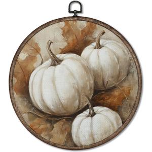 Giosve Vintage Rustic Fall White Pumpkin Round Wall Art Canvas Framed Poster, Farmhouse Autumn Pumpkin Maple Leaf Hanging Wall Sculptures for Kitchen Home Bedroom Living Room Decor, 10x10 Inch