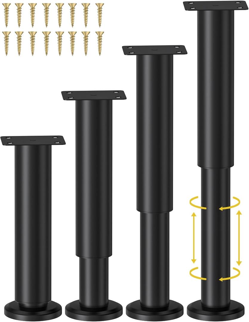Wlrrcwdttc 4 Pcs Adjustable Height Bed Support Legs for Bed Frame/Bed Center Slat, Metal Adjustable Furniture Legs 7.08-12.2 inch for Bed/Sofa/Cabinet/Couch/Dresser/Table,Heavy Bed Replacement Legs, Black