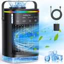 Portable Air Conditioners, Personal Cooling Fan Air Conditioner Portable with 4 Wind Speed & 2 Mist Level & 2-8H Timer & 7 LED Light Mini Evaporative Air Cooler for Home Office Room, Black