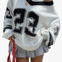 Women's Y2K Sweaters Letter Print Oversized Sweaters Long Sleeve V Neck Pullover Sweater Jumper Top Knit Jersey Shirt, Large