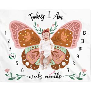 Boho Baby Blanket Butterfly Monthly Milestone Bohemian Floral Girl Photo Prop Sage Green and Pink Blanket Ideas for Personalized Baby Stuff Shower Newborn Decorations Nursery Gift Decor Mom