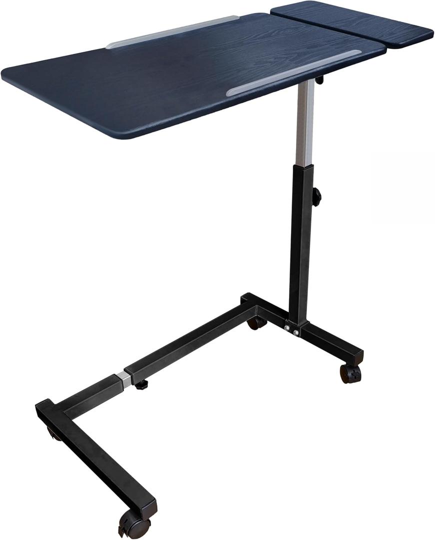 Recliner Table, Over the Bed Table with Wheels, Adjustable Width & Height, with Split Tilt Design & 4 Caster Wheels with Brakes (Black Base & Black Tabletop), 15.75" x 37" x 26.5" to 38"