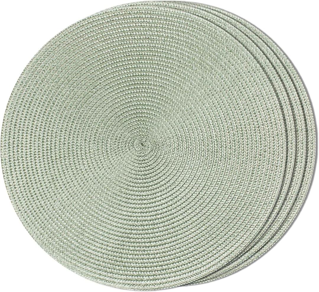 FunWheat Round Braided Placemats Set of 4 Table Mats for Dining Tables Woven Washable Non-Slip Place mats 15inch (Fog Green, 4pcs)