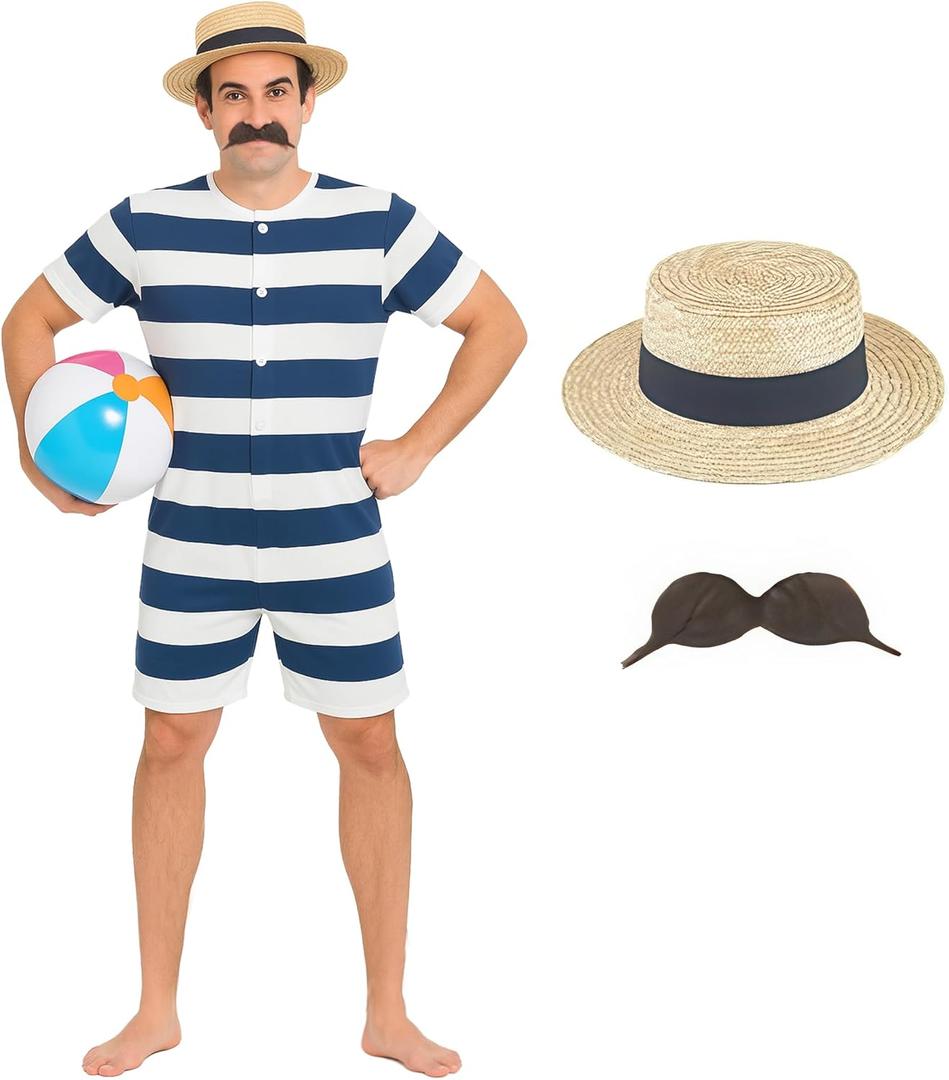 fun shack Old Time Swimsuit Men, 1920s Bathing Suit Costume, Mens One Piece Swimsuit, Halloween Costumes For Men (Large, Blue)